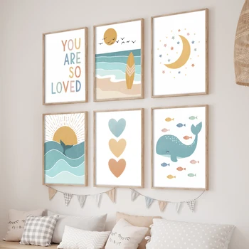 Suvel Rannas Vaala Dolphin Kala Sun Moon Tähed Seina Art Lõuend Plakatid, Prindid Seina Pilte Kawaii Meremiili Baby Kids Room Decor