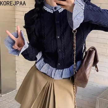 Korejpaa Korea Stiilis Vintage Riided Naiste Kampsun 2023 Aasta Sügisel Segast Ümber Kaela Kardiganid Crop Top Kudumid Slim Riided