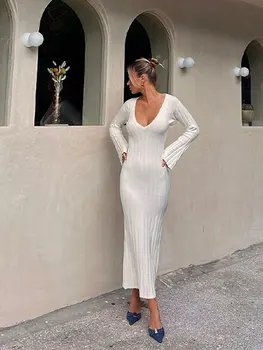 Elegantne Tahke Slim Soonikkoes Kootud Midi Kleit Naiste V-kaeluse Põletatud Pikad Varrukad Bodycon Kleidid 2023 aasta Sügisel Tahke Naine Rüü