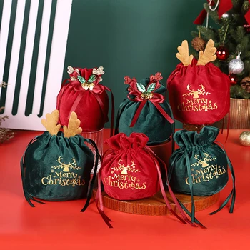 Loominguline Hirve Sarvest Jõululaupäev Apple Candy Velvet Kotid, Kingitus Pakkimise Pakendi Punane Tume Roheline Xmas Kaunistused
