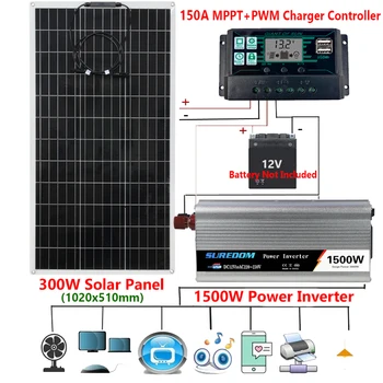 110V/220V Solar Power Süsteem 300W PET päikesepaneel+150A Eest vastutav+1500W Auto Inverter Päikeseenergia Põlvkonna Komplekt 12v 220v